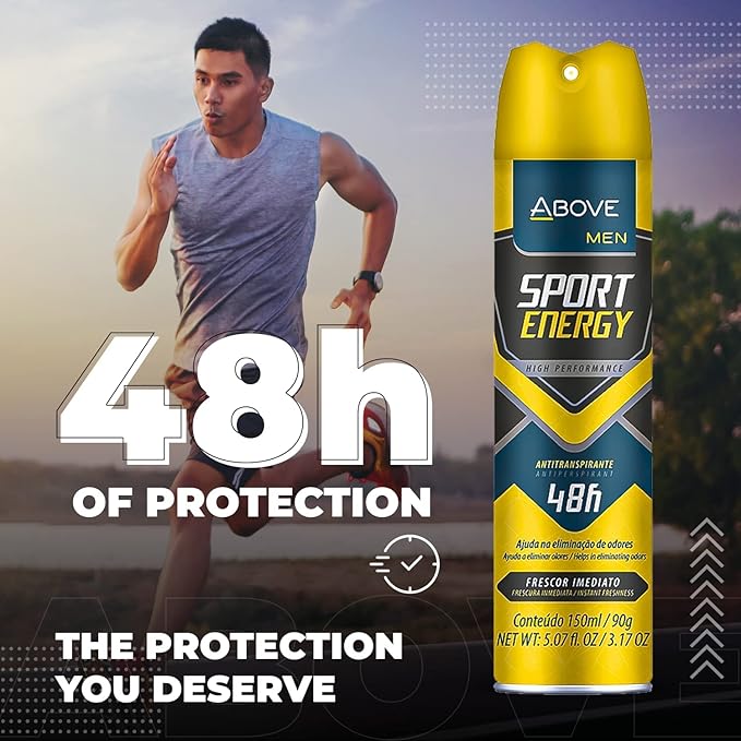 ABOVE Sport Energy - 48 Hours Antiperspirant Deodorant for Men - Woody, Floral Fragrance - Dry Spray Protects Against Sweat and Body Odor - Delivers Instant Freshness - Alcohol Free - 4 pc