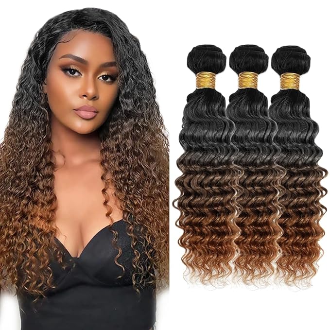 Omber Brown Bundles Human Hair #4 Deep Wave Bundles 16 18 20 inch 3 Tone Black Roots to Brown Bundle