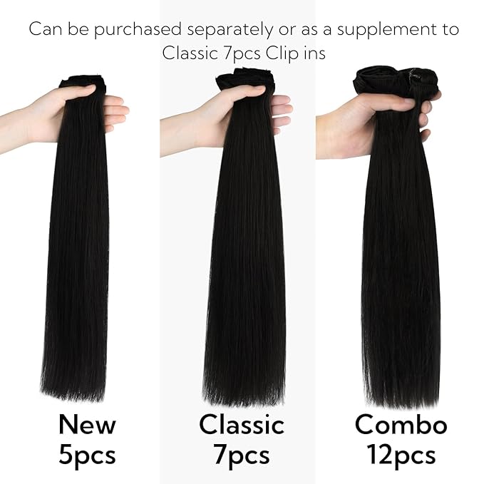 HOTBANANA Clip in Hair Extensions Real Human Hair, 5Pcs 80g 20 Inch Jet Black Straight Remy Clip in Extensions