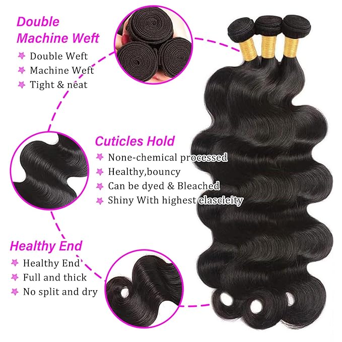 12A Human Hair Bundles 16 18 20 Inch Body Wave 3 Bundles Human Hair 100% Unprocessed Brazilian Virgin Hair Bundles Quick Weave Hair Extension Natural Black