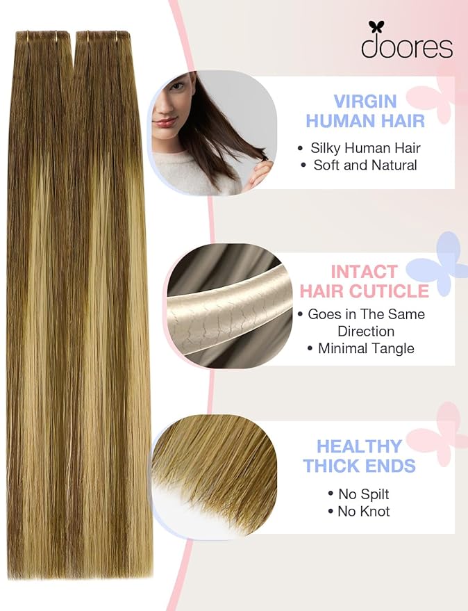 DOORES Invisi Edge Human Hair Tape in Extensions, Medium Brown Highlighted Dirty Blonde 10 Injection Tape-ins with 10 Injection Tape-ins 50g 16 Inch, Injected Tape in Virgin Human Hair