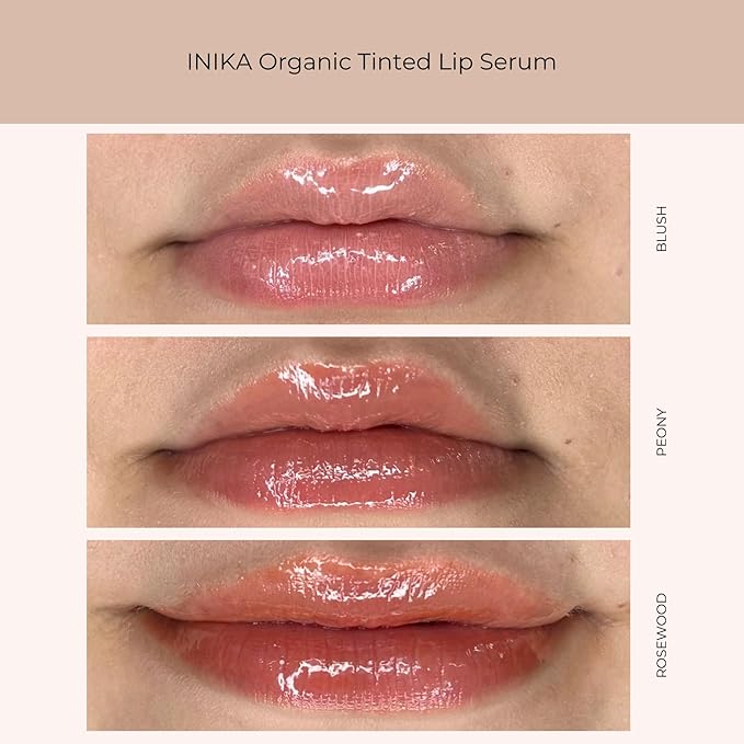 INIKA Organic Tinted Lip Serum | Ceramide + Peptide Infused, Sheer Wash of Color, Plumps, Softens, Smooths, Hydrates + Repairs. Natural & Vegan (Rosewood)
