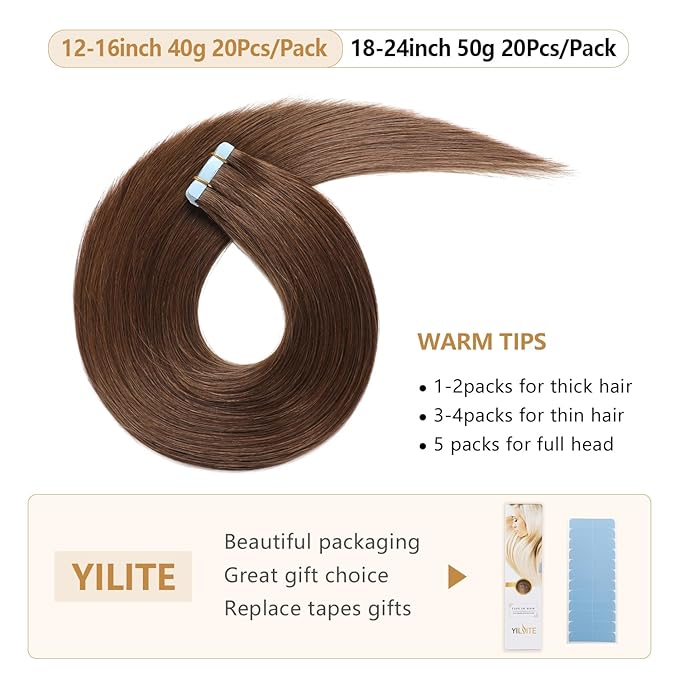 YILITE Tape in Human Hair Extensions 22 inches 20pcs 50g Straight Real Human Hair Seamless Skin Weft #4 Medium Brown Tape in Human Hair Extensions