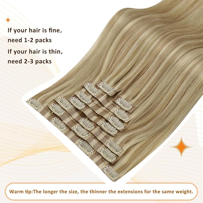 Full Shine 12 Inch Clip in Hair Extensions Real Human Hair Dark Ash Blonde Mix with Light Blonde Seamless Hair Extensions Clip in for Short Hair 8 PCS 95 G