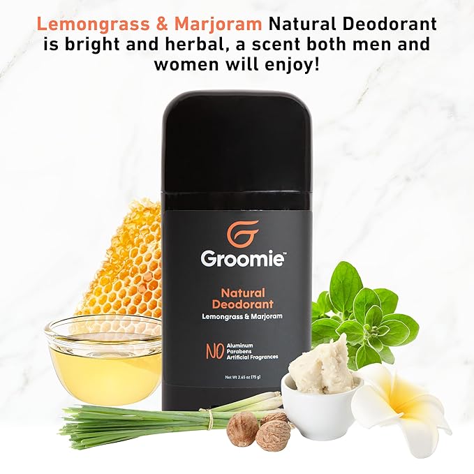 Groomie Aluminum-Free Natural Deodorant for Men & Women, Lemongrass & Marjoram - All-Natural Premium Deodorant & Antiperspirant - Odor-Free & Non-Toxic Deo, Hypoallergenic Suitable for All Skin Type