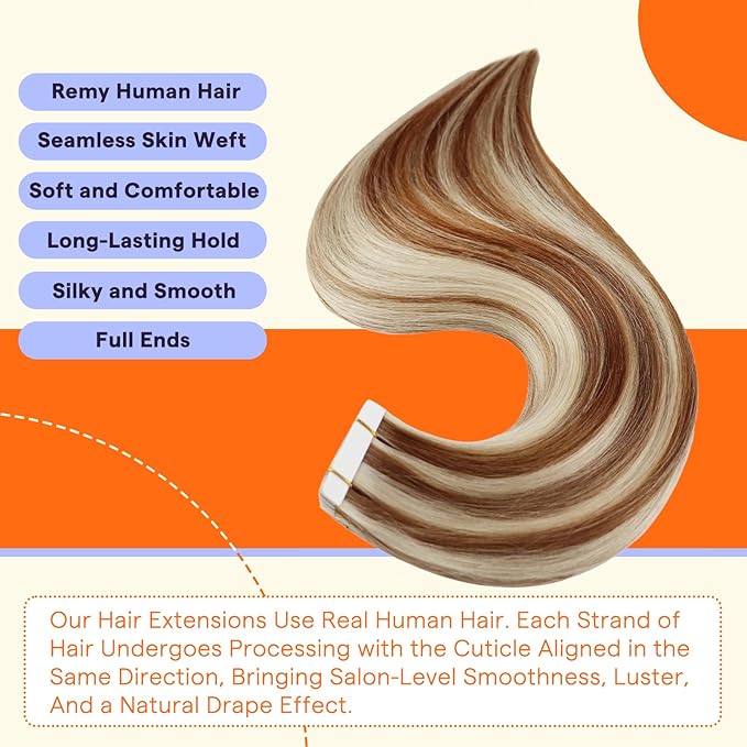 Full Shine Tape in Extensions Human Hair Color 330p800 Auburn Highlight Blonde 16 Inch Invisible Double Sided Tape in Hair Extensions 20PCS 50grams Straight Seamless Skin Weft Extensions for Wedding