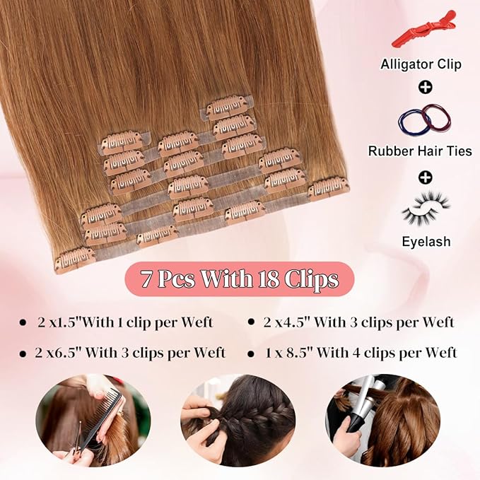 Seamless Clip in Hair Extensions Real Human Hair For Women 125g 20 Inch Light Golden Brown Invisible PU Skin Weft Remy Human Hair Extensions clip ins 7Pcs 18 Clips