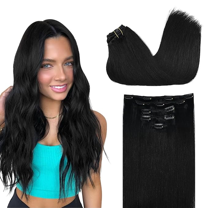 DOORES Clip in Hair Extensions Human Hair, 75g 5pcs Jet Black 16 Inch Real Human Hair Extensions Clip in Remy Hair Extensions Natural Straight