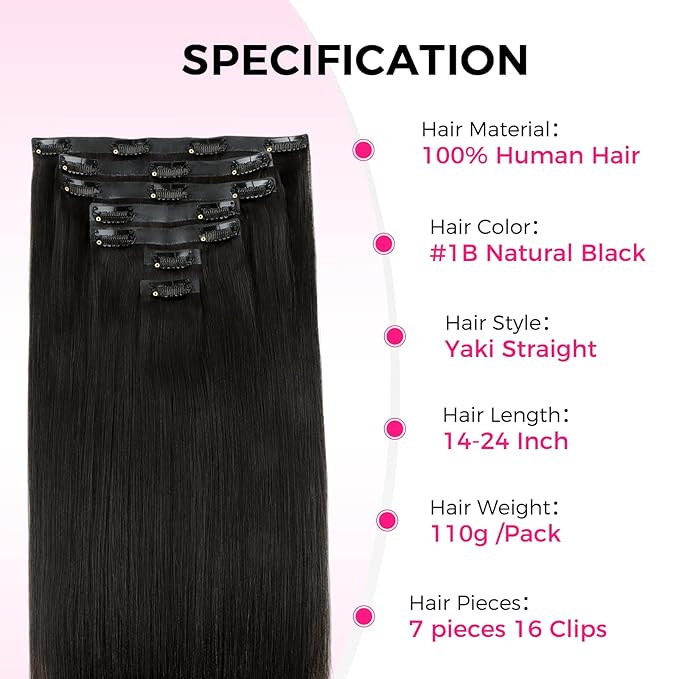 Lashey Invisi Edge Clip in Hair Extensions 16 Inch 110g 7pcs Injected Seamless PU Clip in Hair Extensions Virgin Human Hair, Natural Black Yaki Straight Hair