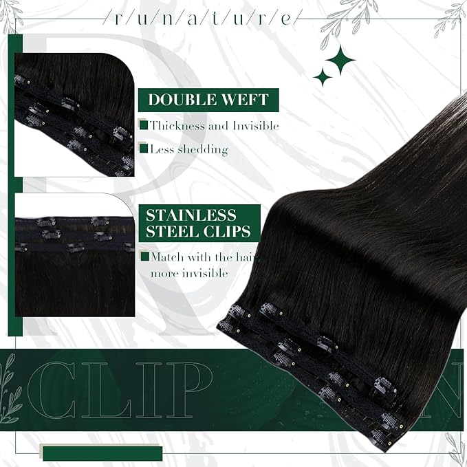 RUNATURE Clip in Hair Extensions Real Human Hair, Straight Hair Extensions Clip ins, Tangle Free Double Weft Remy Hair, Daily Wearing, 18 Inch 50g 3pcs #1B Off Black