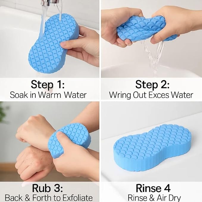 exfoliating Bath Sponge - 3D Super Soft Body Scrub Sponge for Dead Skin Removal, Reusable Skin-Friendly Exfoliator Also a Gentle Bath Sponge for Baby, for Adults, Kids & Pregnant Women (2Blue+2pink)