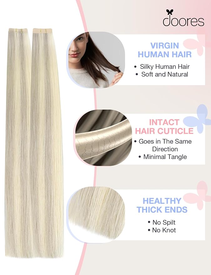 DOORES Invisi Edge Hair Extensions Tape in, Ash Blonde Highlighted Platinum Blonde 10 Injection Tape-ins with 10 Classic Tape-ins 50g 16 Inch, Injection Tape in Virgin Human Hair