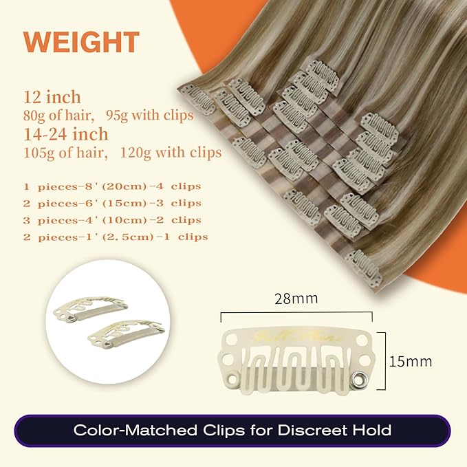 Full Shine Seamless Hair Extensions Clip ins 22 Inch Brown Highlights Human Hair Clip in Extensions Light Brown Mix Platinum Blonde Remy Hair Full Head Ease of Use 8 Pcs 120 Grams