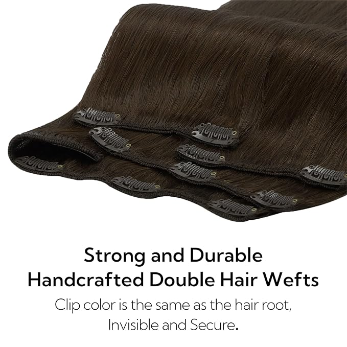 HOTBANANA Clip in Hair Extensions Real Human Hair, 135g 9pcs 16 inch Light Dark Brown Straight Remy Clip in Extensions Full Head for Women