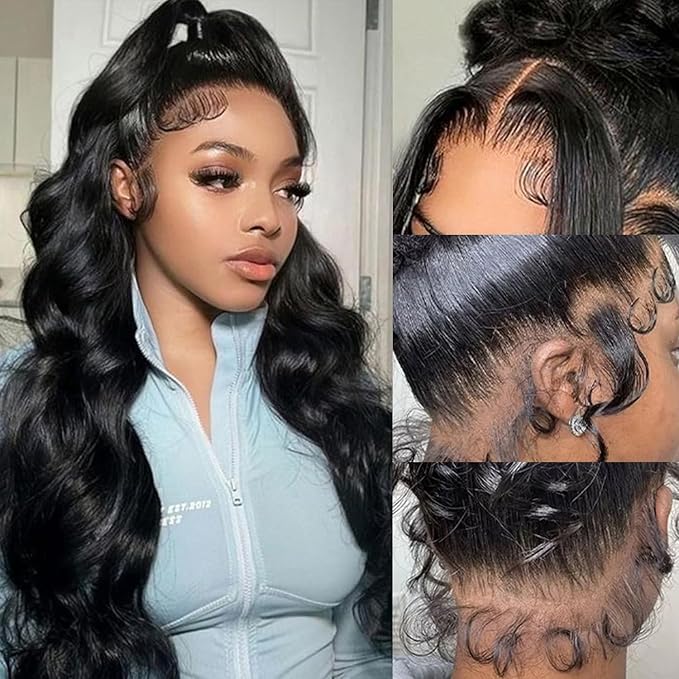 360 Lace Front Wigs Human Hair 220% Density Hidden Straps Body Wave HD Lace Front Wigs with Drawstring 360 Full Lace Wigs Brazilian Virgin Human Hair Wig for Women Natural Black 20Inch