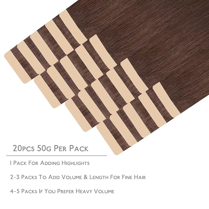 WENNALIFE Tape in Hair Extensions Human Hair, 20pcs 50g 14 inch Chocolate Brown Remy Hair Extensions Straight Human Hair Tape in Extensions Skin Weft Tape Extensions Human Hair