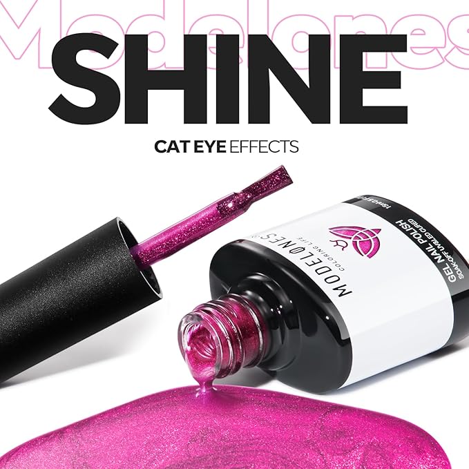 modelones Cat Eye Gel Nail Polish Pink Glitter Holographic Hot Pink Cat Eye Neon Shimmer Reflective Translucent U v Gel Magnetic Nail Polish Top Coat for Women Girl 15ML