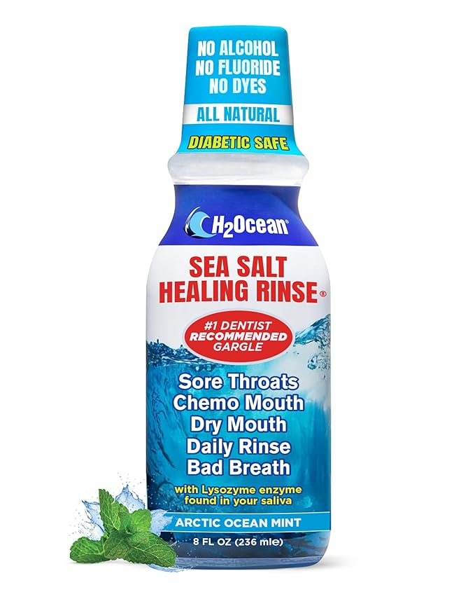 H2Ocean Healing Rinse Mouthwash- Great Tasting Sea Salt & Xylitol Mouth Wash for Fresh Breath & Dry Mouth - Alcohol & Fluoride Free - Arctic Ocean Mint 8oz