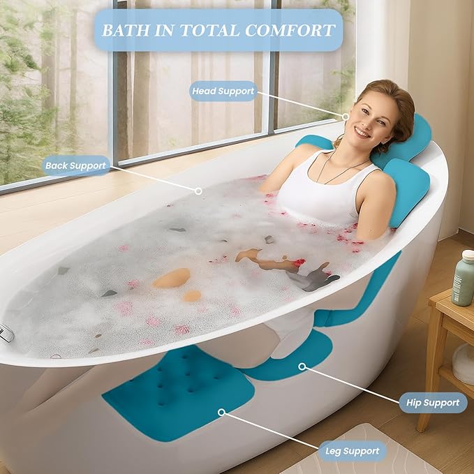 Bath Pillow for Tub | 4D Air Mesh Fabric - Plush Bathtub Pillow for Neck & Back Support, Hot Tub Pillow with 6 Non-Slip Suction Cups | Spa Pillow for Relaxation and Comfort (White). (Full Body Blue)