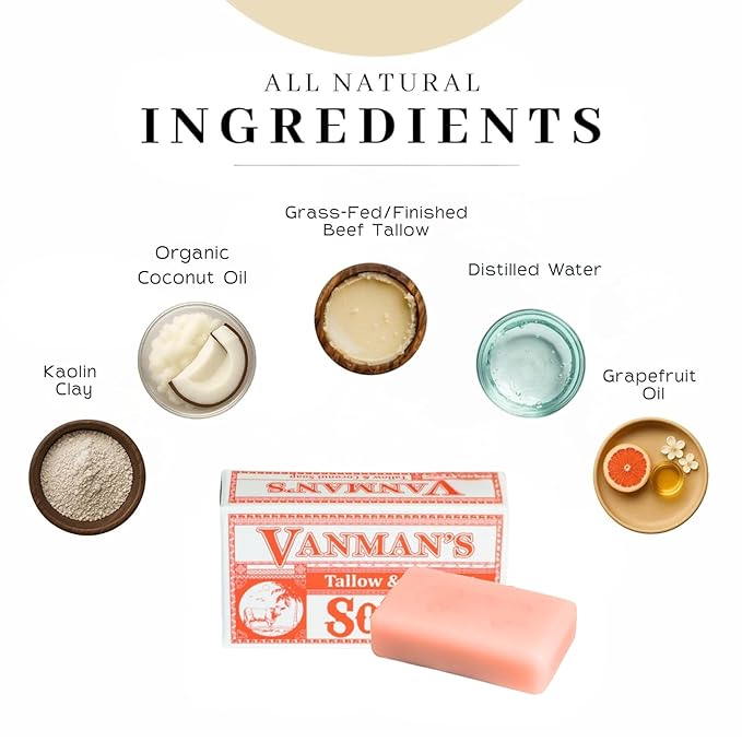 VanMan Beef Tallow and Coconut Oil Bar Soap – Pure Grass-Fed Beef Tallow Soap with Coconut Oil & Kaolin Clay, Subtle Grapefruit Scent, Hydrating & Nourishing, Clean Ingredients, 3.8oz - 10 Pack