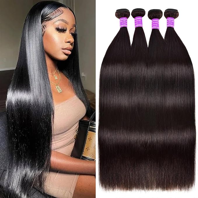 Straight Bundles Human Hair 22 24 26 28 Inch 4 Bundles Straight Hair 10A Double Weft Hair Extensions for Black Women 100% Unprocessed Virgin Human Hair Weave Natural Black