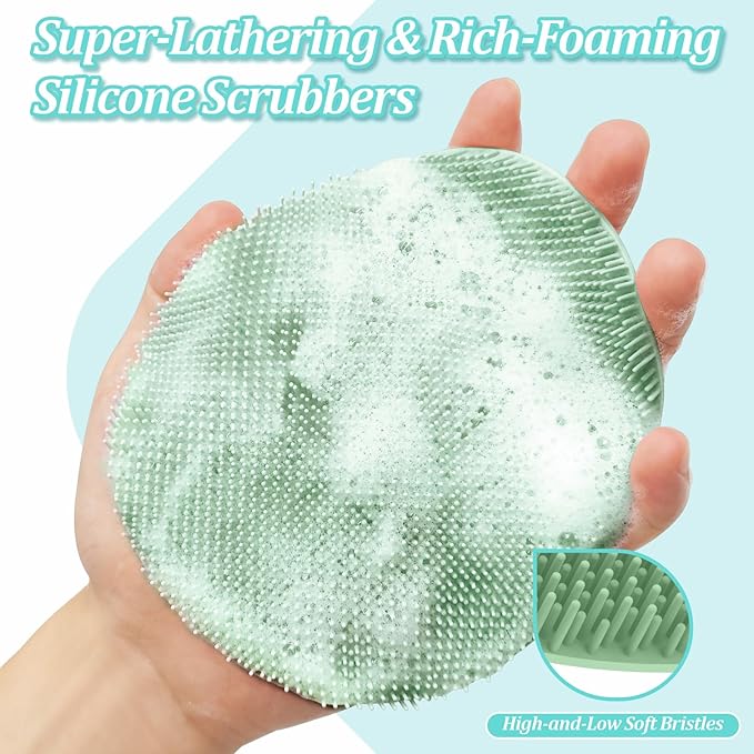 Silicone Back & Face Scrubber & Bath Glove Set 3PCS, 13.4'' Gentle Back Scrubber with Dual-Side Head, 360° Anti-Slip Bath Glove, Unique Side-bristled Face Scrubber for All-round Cleaning(Green)
