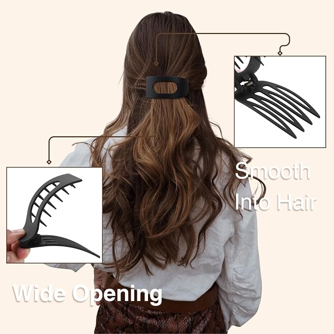 8 Pack Black Flat Hair Clips for Women – Large Matte No-Slip Rectangle Claw Clips for Thick & Thin Hair, Strong Hold Square Hair Accessories for Work & Daily Styling