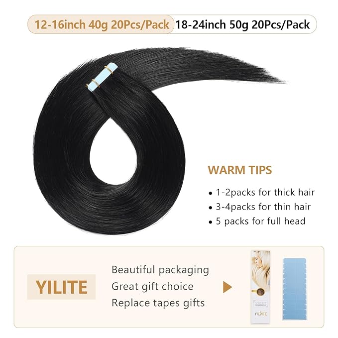 YILITE Invisible Tape In Hair Extensions Human Hair 24inch #1 Jet Black Tape In Human Hair Extensions 20pcs 50g Seamless Skin Weft Black Hair Extension Tape