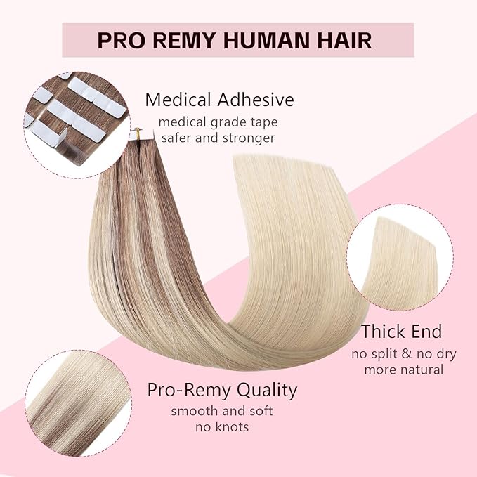 3rd-Generation Invisible Tape in Hair Extensions Real Human Hair #8/60 Ash Brown to Platinum Blonde 20pcs 45g 20inch Injection Hand-Tied Invisi Edge Tape ins Extensions（#8/60-20inch）