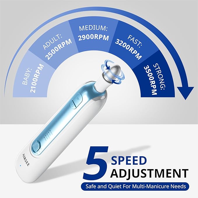 AIRSEE Professional Manicure Pedicure Kit,Cordless 6 in 1 Electric Nail File for feet,5 Speed Rechargeable Pedicure Tools for Thick Nail Toenail Cuticle, Hand Feet Trimmer Buffer for Women Men,Blue