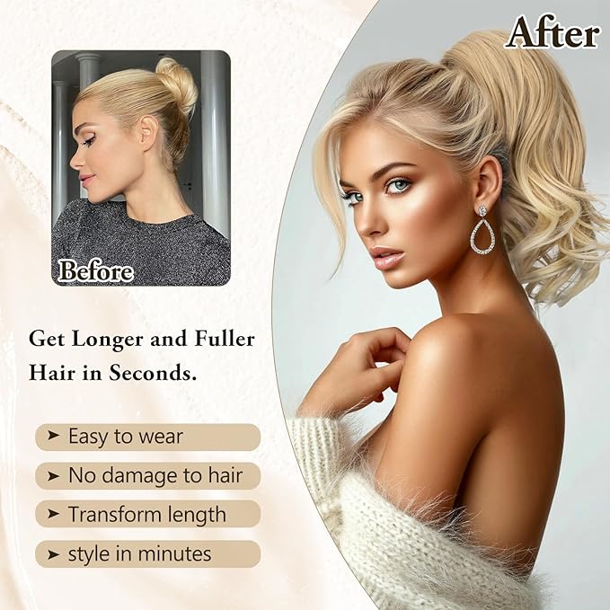 12 Inch Ponytail Extension, Claw Clip inWavy Pony Tails Hair Extensions, Synthetic Hair Extensions Ponytail, Clip on Ponytails for Women - Golden Blonde with Light Ends22