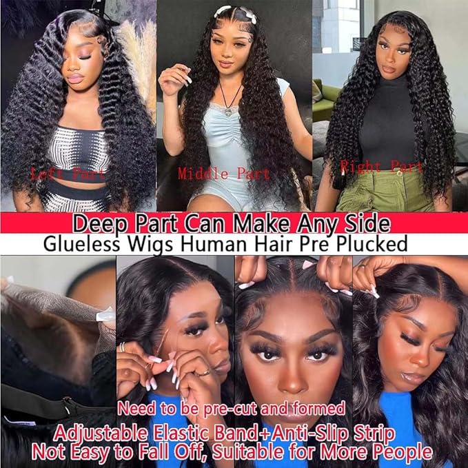 13x6 Deep Wave Lace Front Wigs Human Hair 200% Density HD Lace Front Wigs Human Hair for Women Glueless Pre Plucked Bleached Knots Lace Front Wig Deep Curly Wig Nature Color(Black, 30inch)