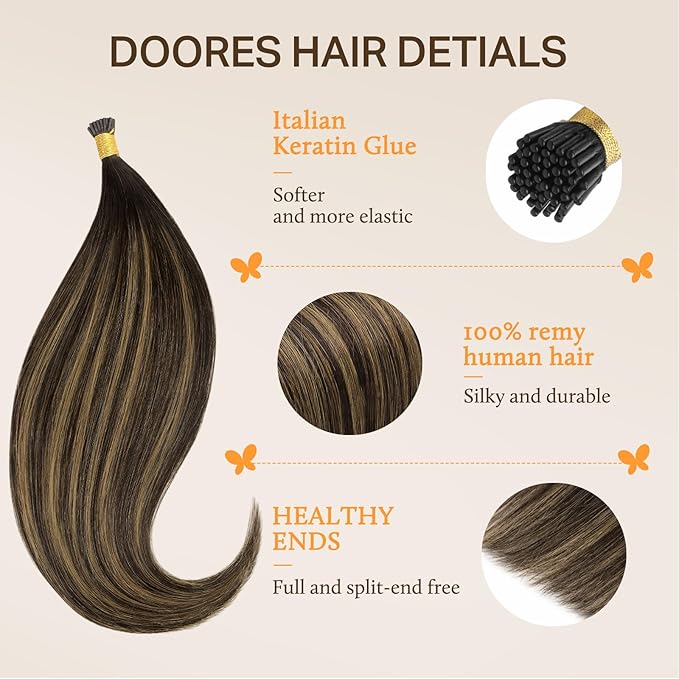 DOORES I Tips Hair Extensions, Human Hair Balayage Dark Brown to Chestnut Brown 20 Inch 50g/50s, Remy Hair Extensions, Silky Straight Hair