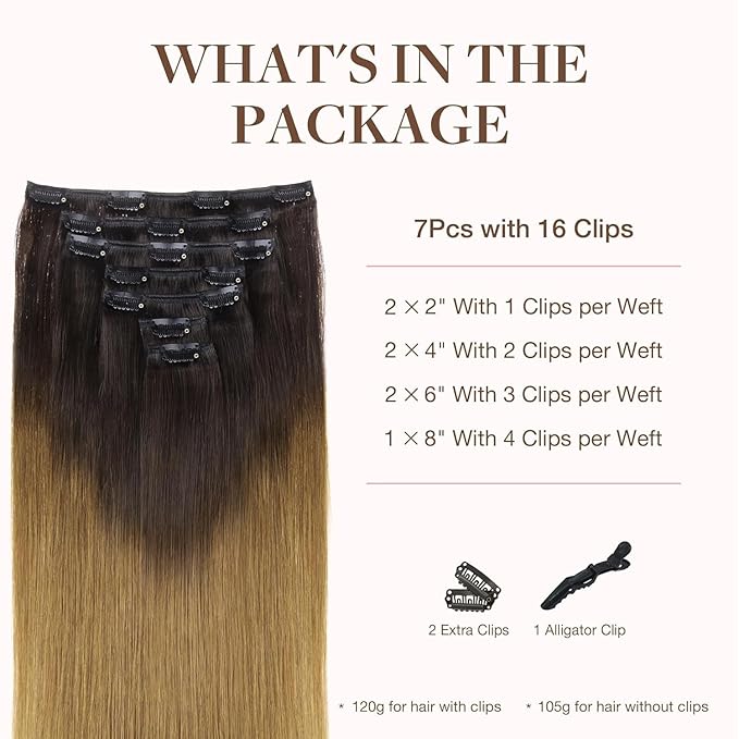 GOO GOO Clip in Hair Extensions Real Human Hair, Remy Human Hair Extensions Clip ins for Women, Natural Human Hair, 14inch 120g 7Pcs, 1D/2C/4E Chocolate Dip Color Melt