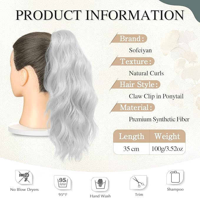 SOFEIYAN 14" Ponytail Extension, Short Wavy Claw Clip in Ponytail Hair Extension Synthetic Hairpieces Golden Brown to Ash Brown Layered Natural Fluffy Curly Drawstring Ponytail Hair Piece for Women
