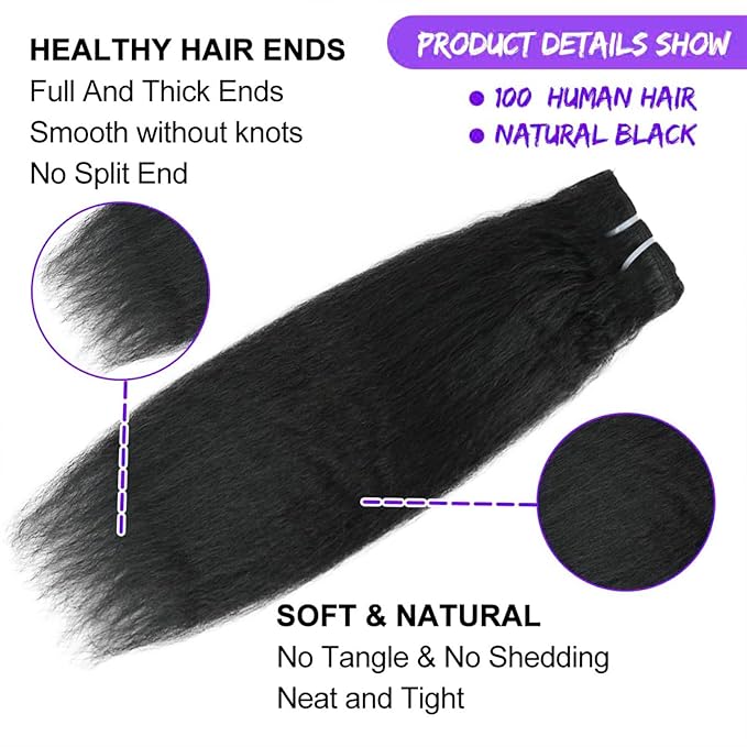 Kinky Straight Clip in Hair Extensions 12 Inch Human Hair Yaki Straight Clip ins Seamless Remy Human Hair Clip in Extensions for Women Natural Black 8Pcs 100g 20 Clips