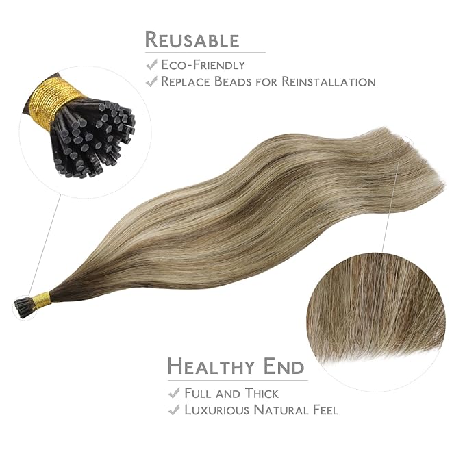 WENNALIFE I Tip Hair Extensions Human Hair, 50g 100s 14 Inch Balayage Chocolate Brown to Honey Blonde Remy Itip Human Hair Extensions Invisible Itips Straight I Tips Fusion Extensions Real Human Hair