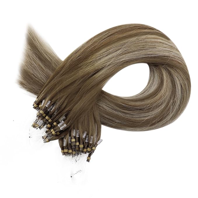 Full Shine Micro Bead Hair Extensions Real Human Hair 22 Inch Straight Natural Remy Hair Balayage Brown and Blonde Micro Link Hair Extensions Human Hair 50 Grams add Length