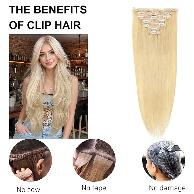 Clip in Hair Extensions Real Human Hair Bleach Blonde 22 inch 7pcs 100g/Pack, Human Hair Clip in Extensions, Salon-Grade Quality, Easy Comfort Wear for Women (#613, 22 inch)