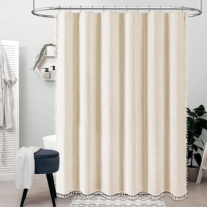 BTTN 80 Inch Long Shower Curtain - 72x80 Boho Farmhouse Linen Thick Striped Fabric Shower Curtain Set with Plastic Hooks, Tall Rustic Country Luxury Cloth Shower Curtains for Bathroom - Cream/Beige