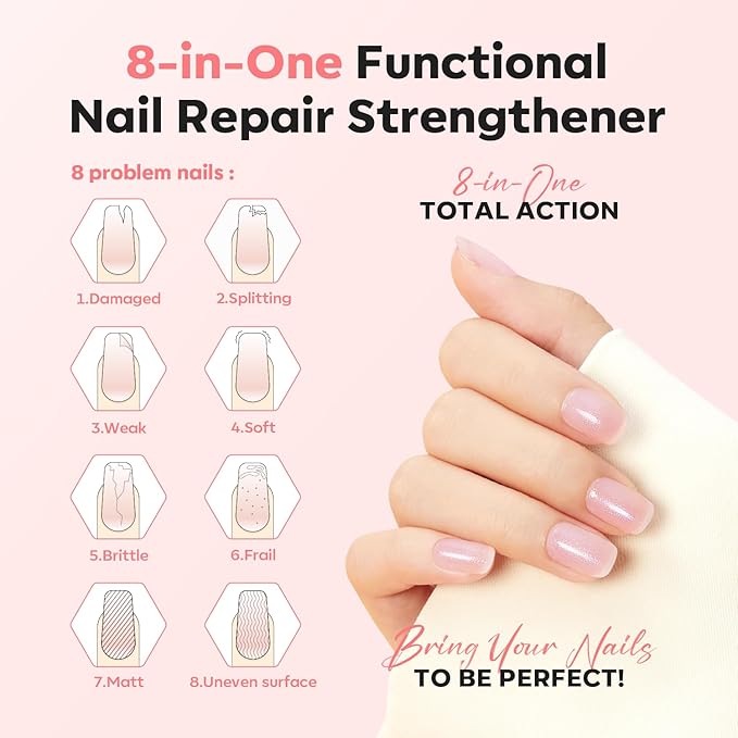 modelones Nail Strengthener, Sparkle Pink Nail Polish Nail Repair for Damaged Nails Hardener Air Dry Nail Growth Polish Natural Nail Concealer Foundation Gifts for Women 15ml