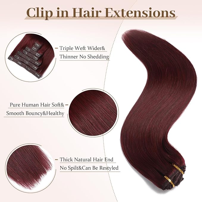 Sisily Clip in Hair Extensions Real Human Hair, 22 inch 120g, Burgundy Red, 100% Brazilian Remy Human Hair Clip in Extensions Soft Straight 7pcs Per Set with 16 Clips Double Weft