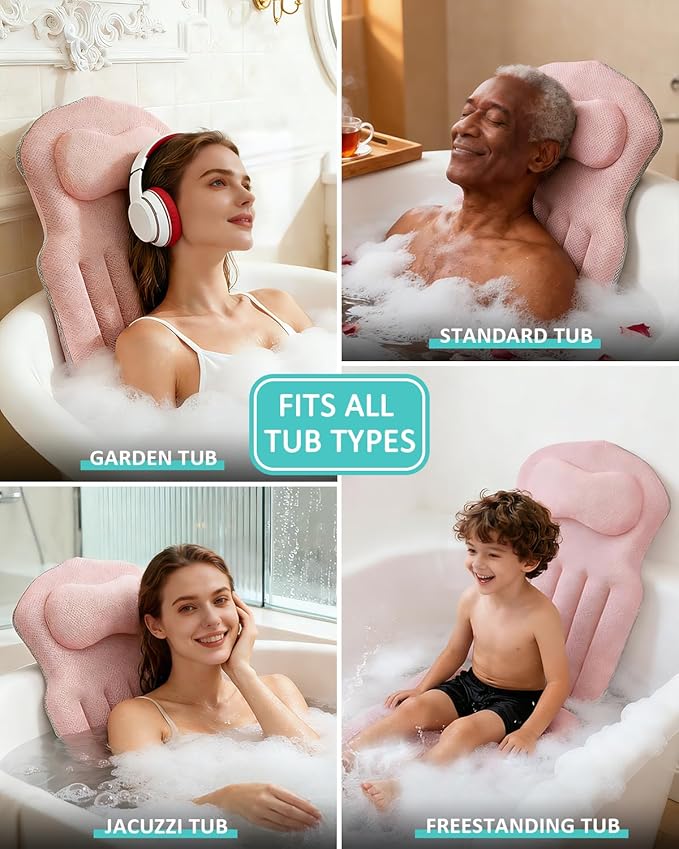 Full Body Bath Pillow for Bathtub, 5D Thick Tub Pillow for Bathtub with 192 Non-Slip Suction Cups, Laundry Bag & Hook, Bathtub Pillow for Head, Neck & Back Support (Pink, 51"*15")