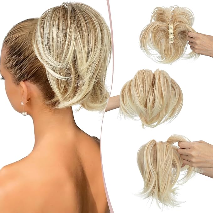 Claw Clip Short Ponytail Hair Extensions Messy Bun Hair Piece Pony Tails Hair Extensions with Bendable Metal Wire Hair Pieces DIY Style 8 Inch 24T613 Mousy blonde to Light blonde