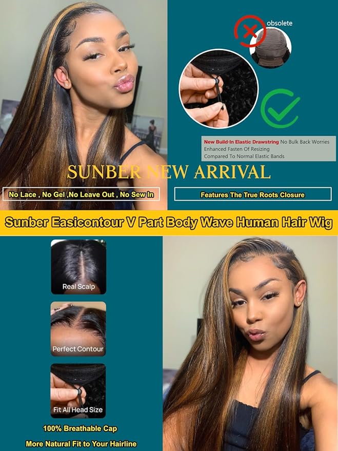 Sunber Ombre Brown Highlight Yaki Straight V Part Human Hair Drawstring Glueless Wig No Leave Out Vpart Balayage yaki straight Clip In Half Wigs No Leave Out Real Scalp V Shape 24Inch