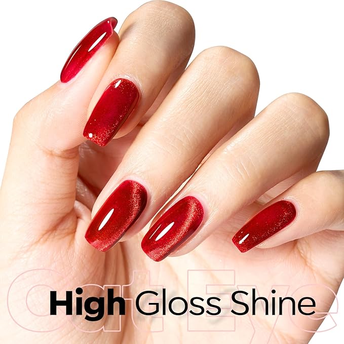 modelones Red Cat Eye Gel Nail Polish Magnetic Glitter Holographic Red Ruby Christmas Polish Reflective Jelly Translucent UV Gel Manicure 15 ML