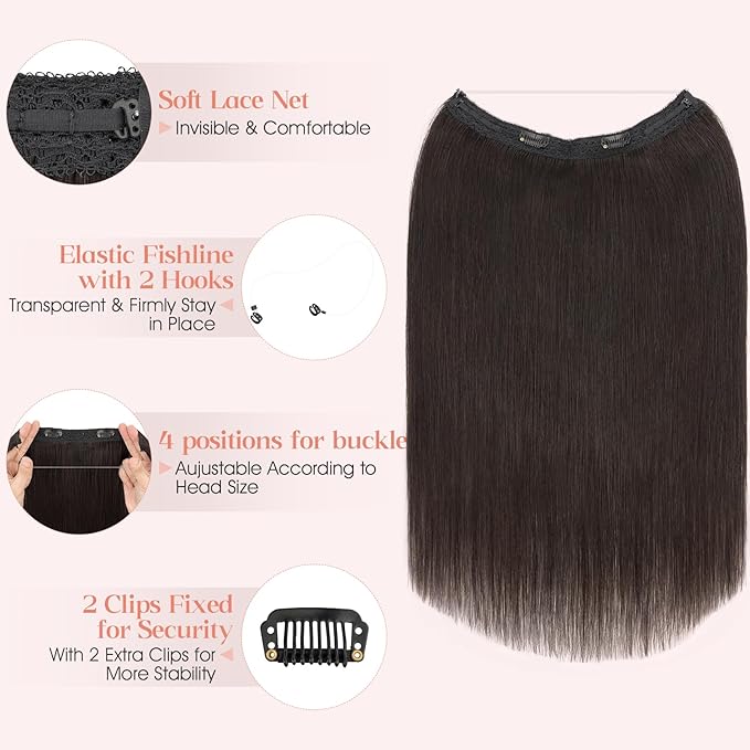 Hairro Wire Hair Extensions Human Hair, Fish Line Invisible Adjustable & Clips in Extensions Straight, 100% Real Hairpieces Seamless Blending for Women, 22 Inch 100g Natural Black