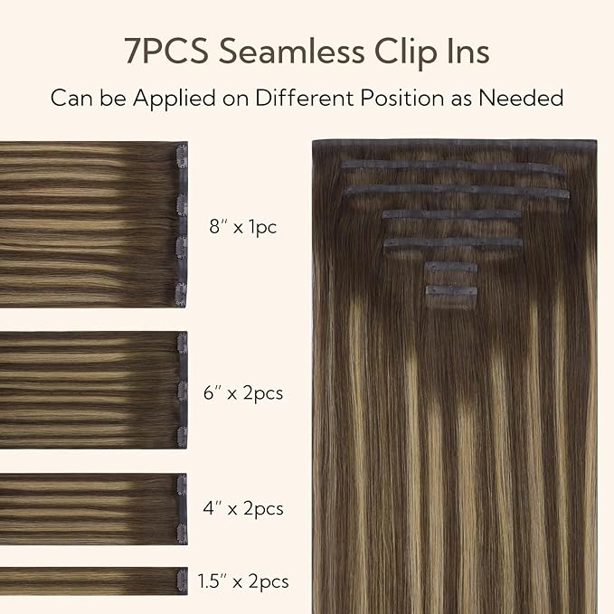 HOTBANANA Clip in Hair Extensions 14 inch 130g 7pcs Chocolate Brown mixed Caramel Blonde Clip in Remy Human Hair Extensions Straight Hair Invisi Edge Clip Hair Full Head