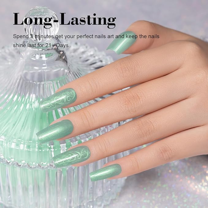RARJSM Pearl Gel Nail Polish,15ML Light Green Pearlescent Gel Polish,Glitter Shell Gel Polish Green Shimmer Mermaid Nail Gel Polish Soak Off LED UV Drawing Swirl Thread Effect for DIY Manicure Use