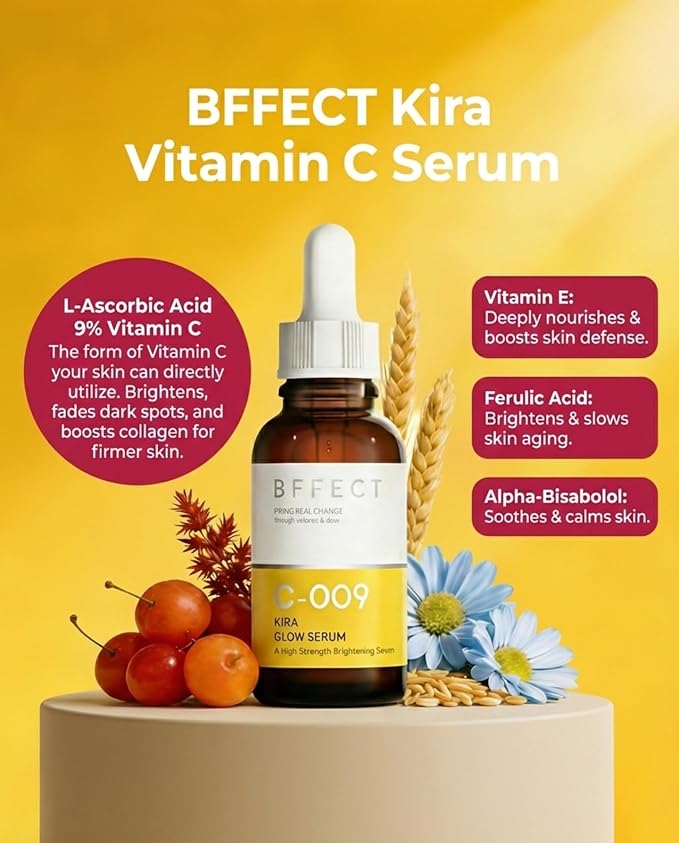 Kira Glow 9% Vitamin C + E + Ferulic Acid Serum, Professional Brightening & Anti-Aging Serum for Face, Dark Spots Correcting & Boosts Radiance, 1 Fl Oz